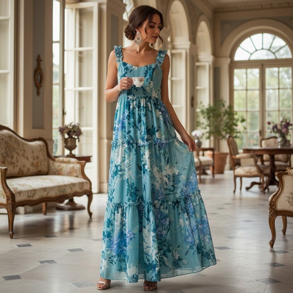 Adrianna Papell Women’s Size 8 Blue Floral Tiered Dress NWT, Ruffle Straps